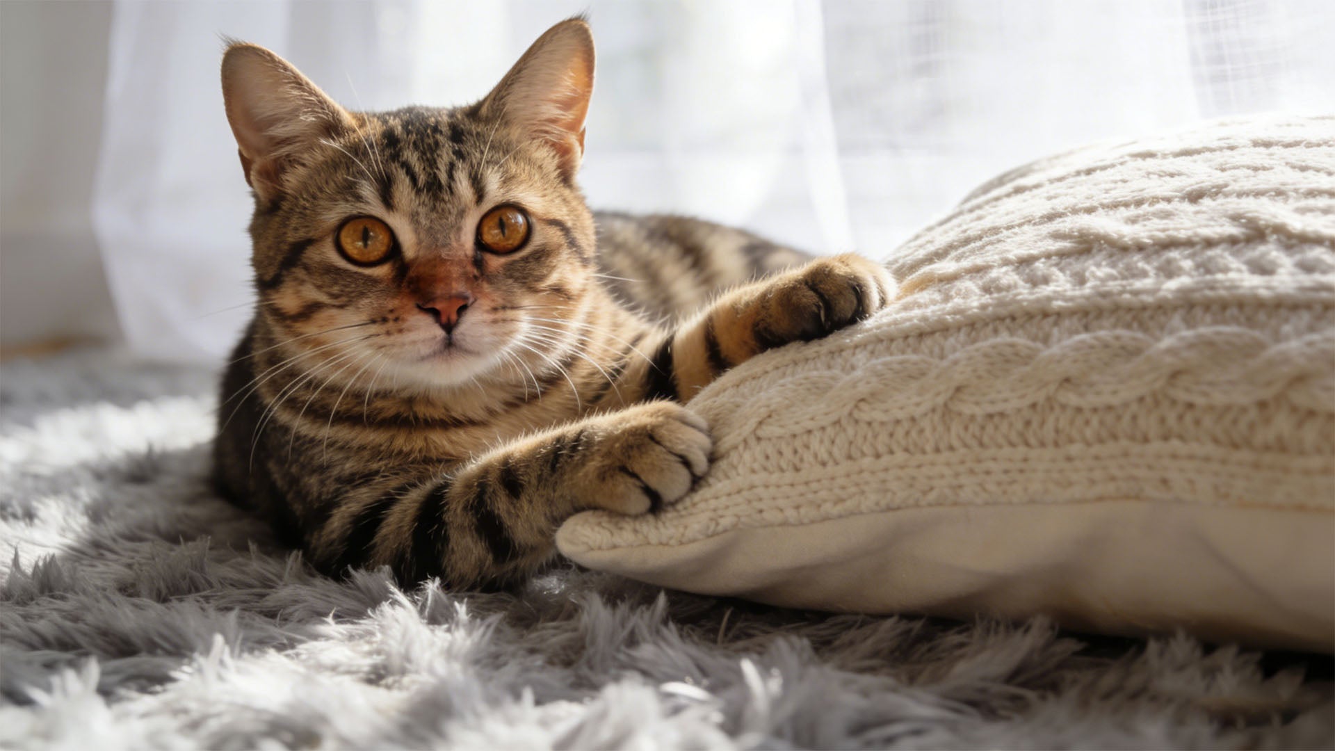 Cat lying on a fluffy surface with a textured pillow